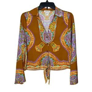 Rachel Zoe XS V Neck Goldish Brown Purple Geometric Print Blouse